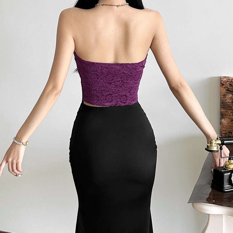 2024 Autumn Winter New Women's Solid Color Fashion Sexy Tube Dyed Lace Cropped Tank Top b62