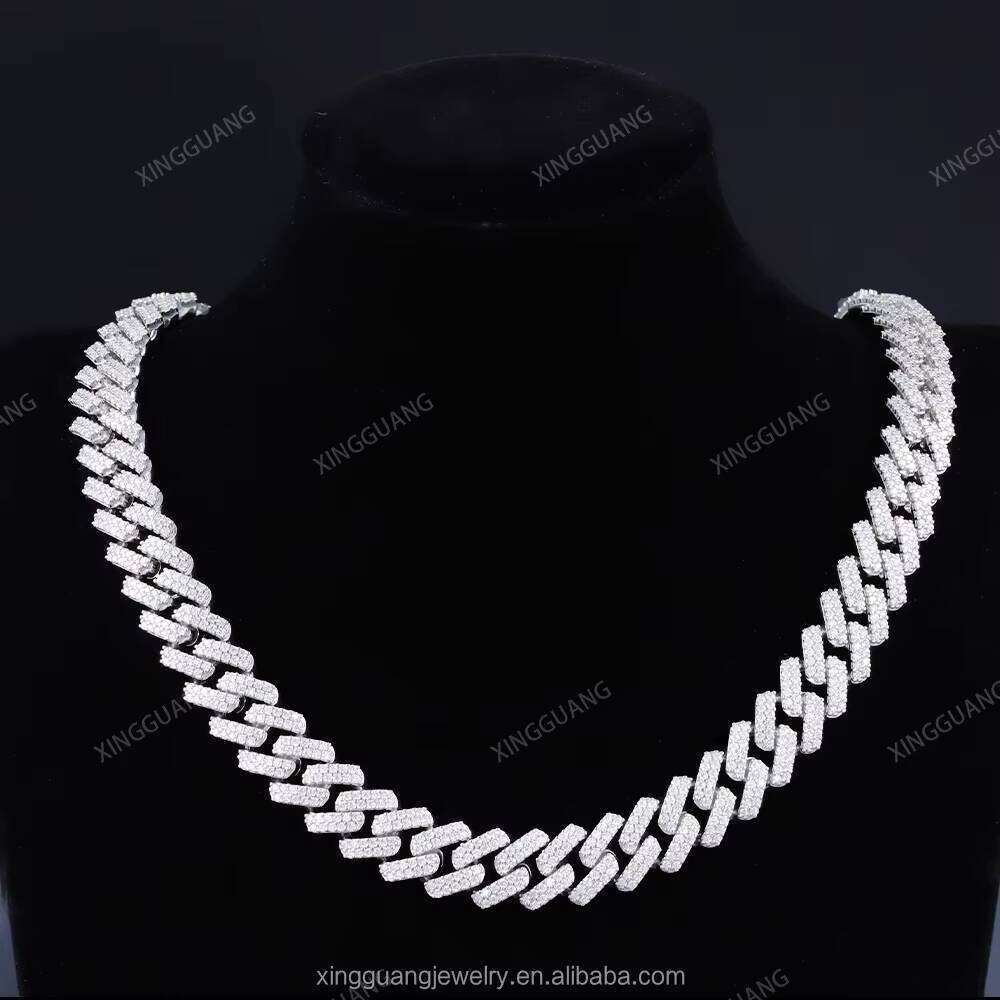 XingGuang Hot Selling Pass Tester Solid Sier 13mm 2Rows Iced Out Hip Hop Moissanite Dia Cuban Link Chain