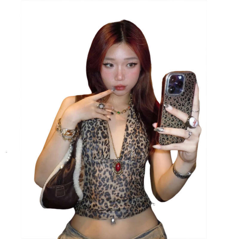 2025 Summer New Fashionable Hot Girl Leopard Print Halter Neck Small Ribbon Versatile Backless Slim Vest for Women 872