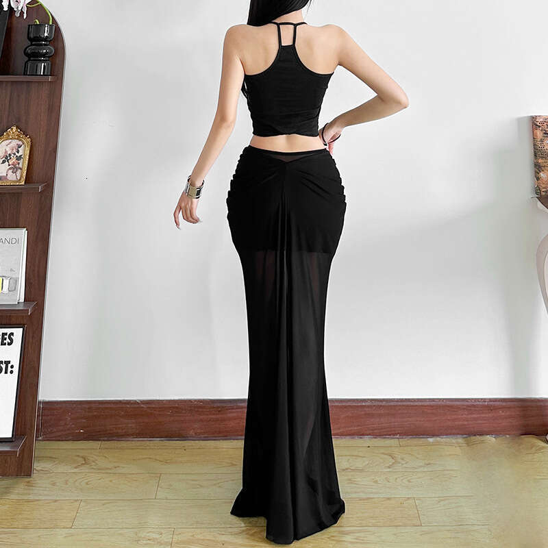 2025 Summer Style New Black Leg-Lengthening Versatile Semi-See-Through Mesh Long Skirt for Women 28e