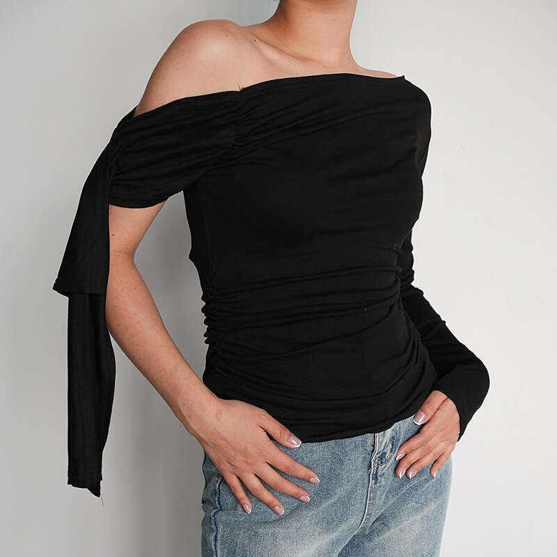 Ytp610 Women's Autumn New Solid Color Asymmetrical One-Shoulder Sexy Off-Shoulder Top B5