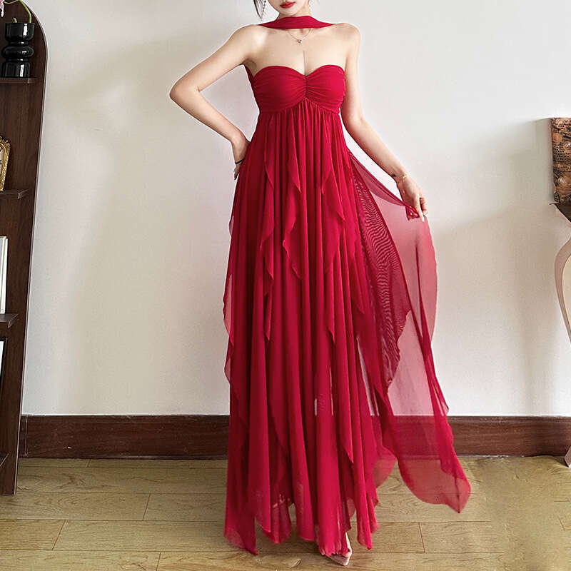 2025 French Style Halter Chiffon Sexy Strapless Backless Irregular Ruffle Long Dress 926