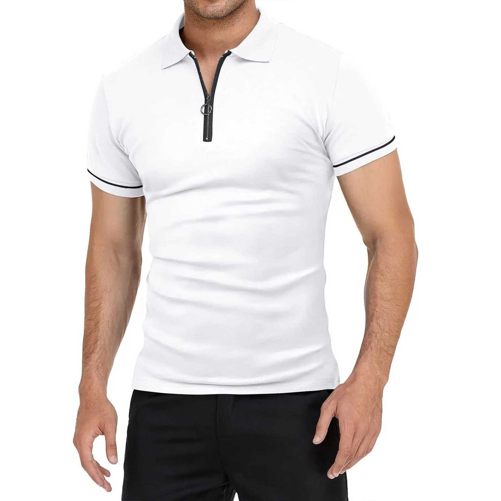Mens Polo Shirt Color Matching Short-Sleeved Zipper Lapel T-Shirt Casual Shirt XJ250725