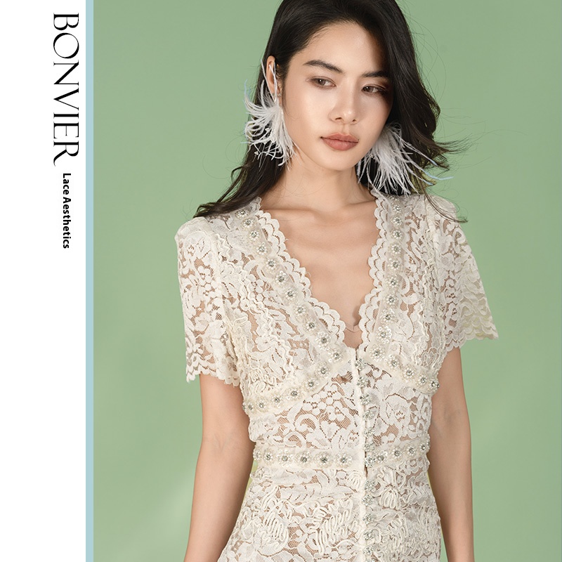 2025 Women Summer Elegant Short Sleeve Hollow Out Pearl Embroidery Midi Long Lace Evening Formal Basic Casual Dresses 6116554