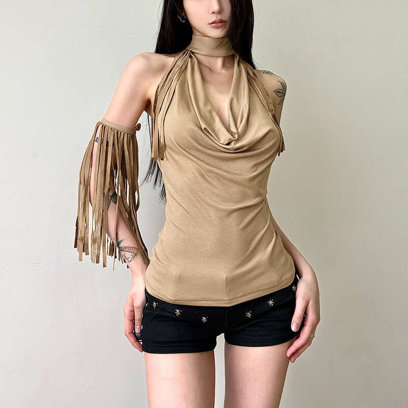 2025 Spring Summer New Fashion Street Style Solid Color Sexy Halter Neck Sleeveless Backless Tank Top 6c0
