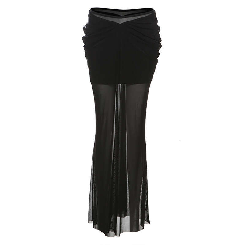 2025 Summer Style New Black Leg-Lengthening Versatile Semi-See-Through Mesh Long Skirt for Women 28e