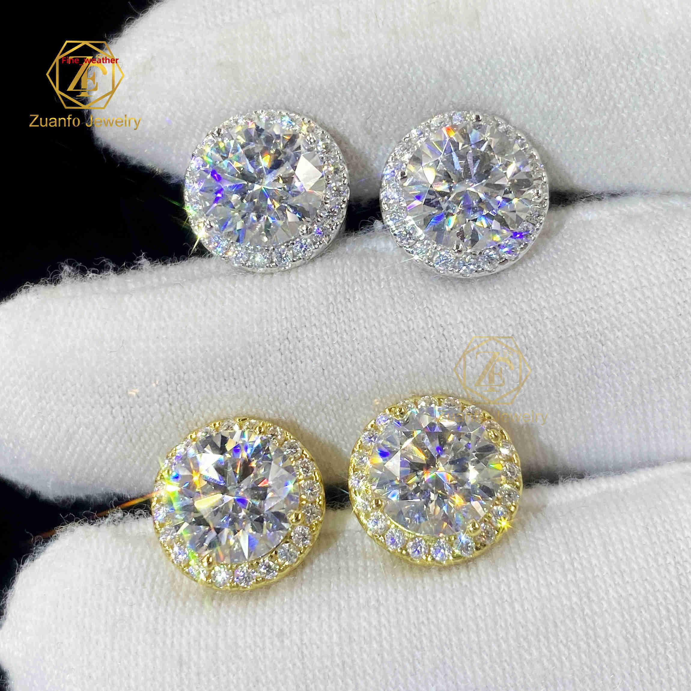 ZuanfoJewelry Eye Catching Round Shape Halo Earring D VVS 5/6.5/8MM Moissanite Earring Pass Diamond Tester 925Silver Gold Plated