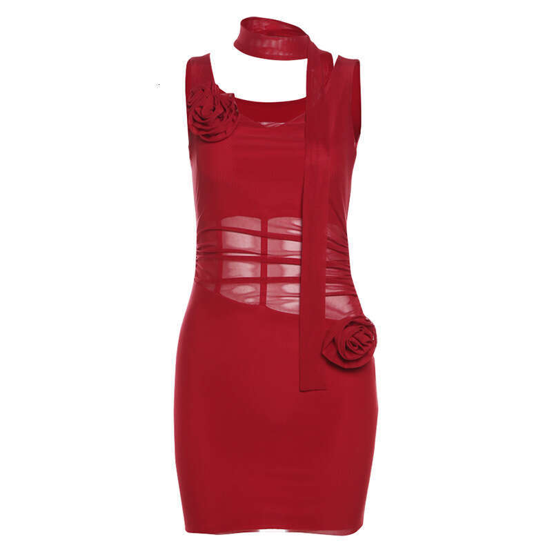 2024 Spring New Women's Solid Color Slim High Waist Fashion V-neck Strap Mesh Dress 24c