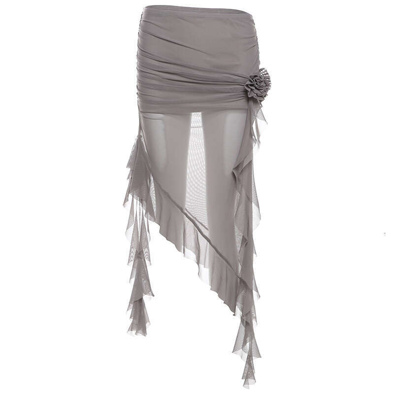 2024 Summer New Women's Solid Color Slim Fit Street Fashion High Waist Sheer Mesh Skirt 89c