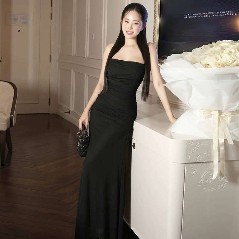 2025 Spring New Women's Solid Color Slim Fit High Waist Fashion Off-Shoulder Strap Dress 3b6