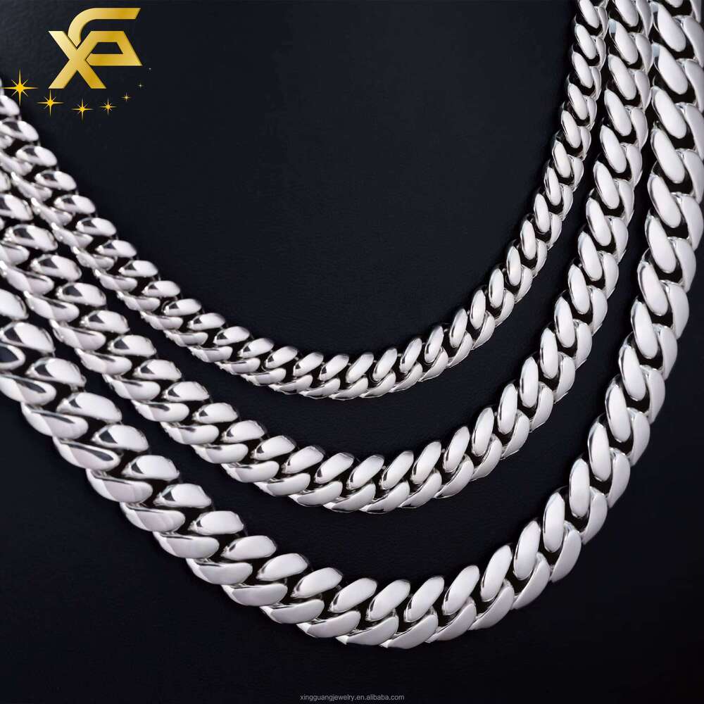 Hot VVS Moissanite Lock Spring Clasp White Gold Plated 8MM 10MM 13MM Miami Link Solid Sier Plain Chain Cuban Necklace