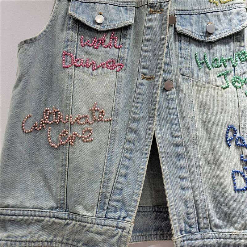Women's Denim Waistcoat Colorful Letters Beaded Sleeveless O-Neck Single Breasted Vest 2025 Summer New Fashion 29A1497