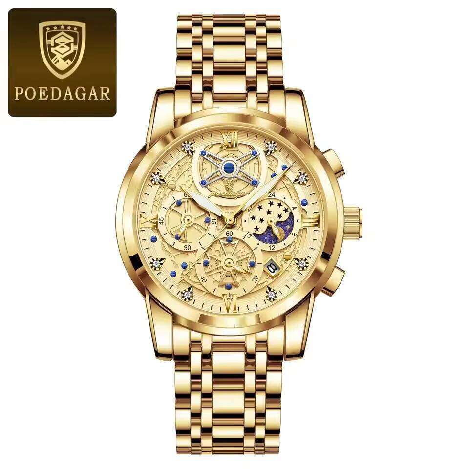 DHgargets POEDAGAR Watches Chronograph Date Stainless Steel Watch for Men Waterproof Luminous Quartz Men's Reloj