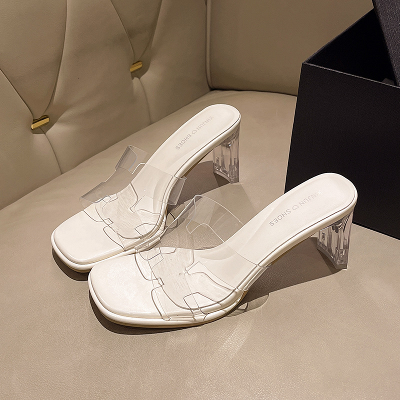 Ddmysports Summer New Waterproof Platform Transparent Sandals For Women One Strap Chunky Heel High Heels Simple Crystal Slippers Versatile Outdoor Sho