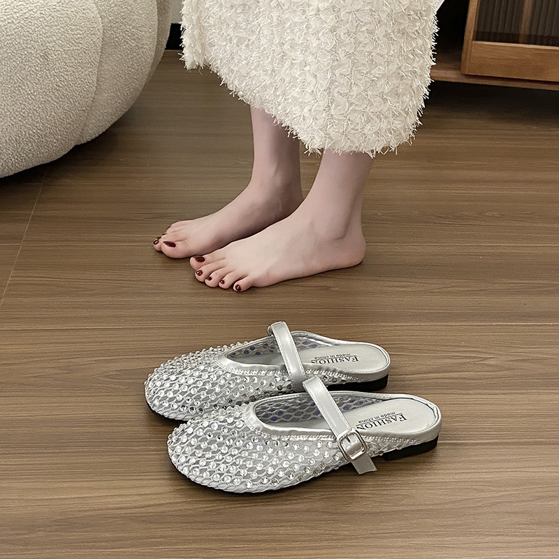 Ddmysports Shiny Diamond Niche Hollow Out Half For Women Summer Slip On Fairy Style Breathable Flat Closed Toe Slippers Outdoor Shoes