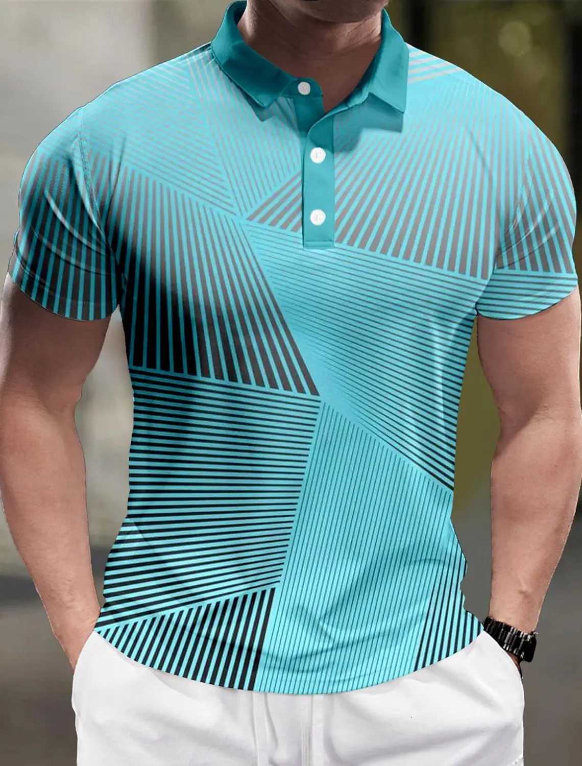 Striped Mens Business Casual 3D Polo Shirt Street Polyester Short Sleeve Turndown Polo Shirts Micro-elastic Lapel Polo Summer XJ250725