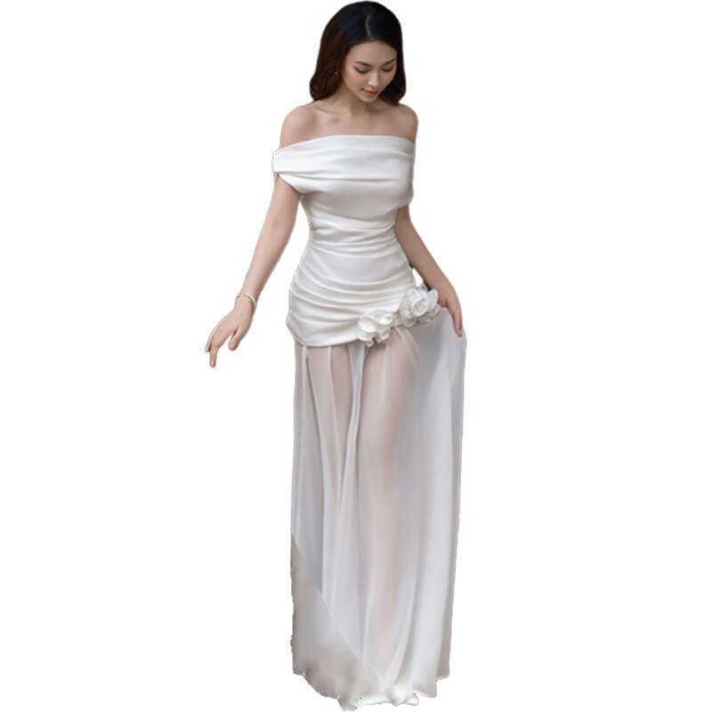 2025 Summer New Pure Desire White Off-Shoulder Strapless Mesh Long Dress for Women 76a