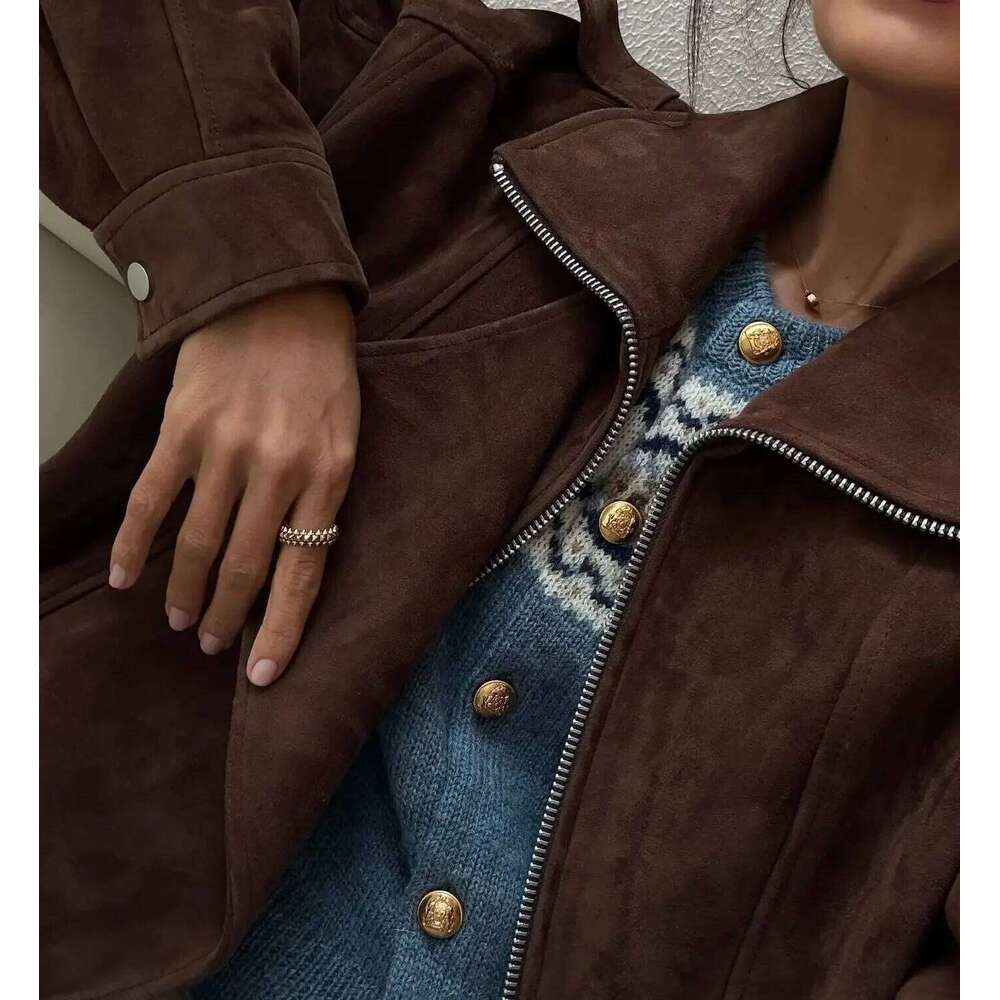 European And American Brown Lapel Irregular Short Loose Jacket Retro Maillard Fashion Casual Top