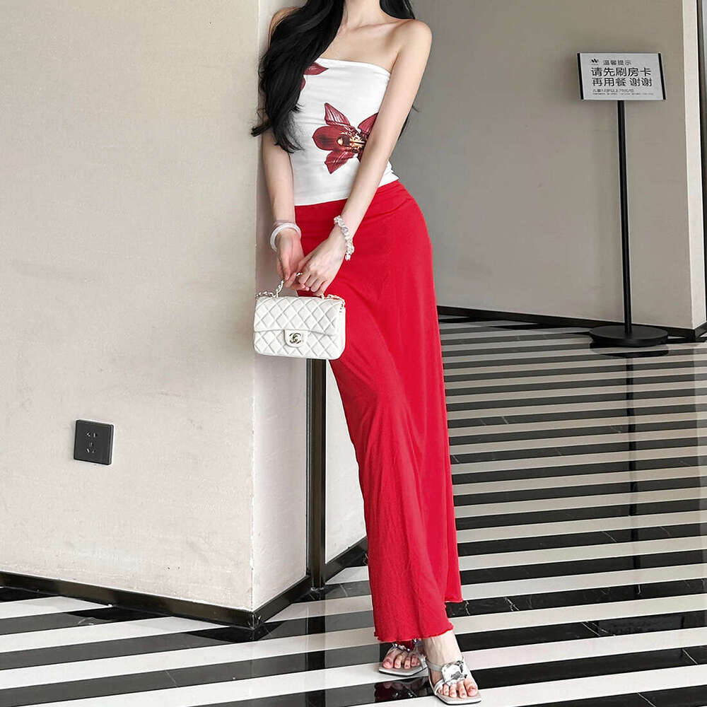2025 Summer New Pure Desire Elegant Slim Fit Printed Top Solid Color High Waist Skirt Set for Women f38