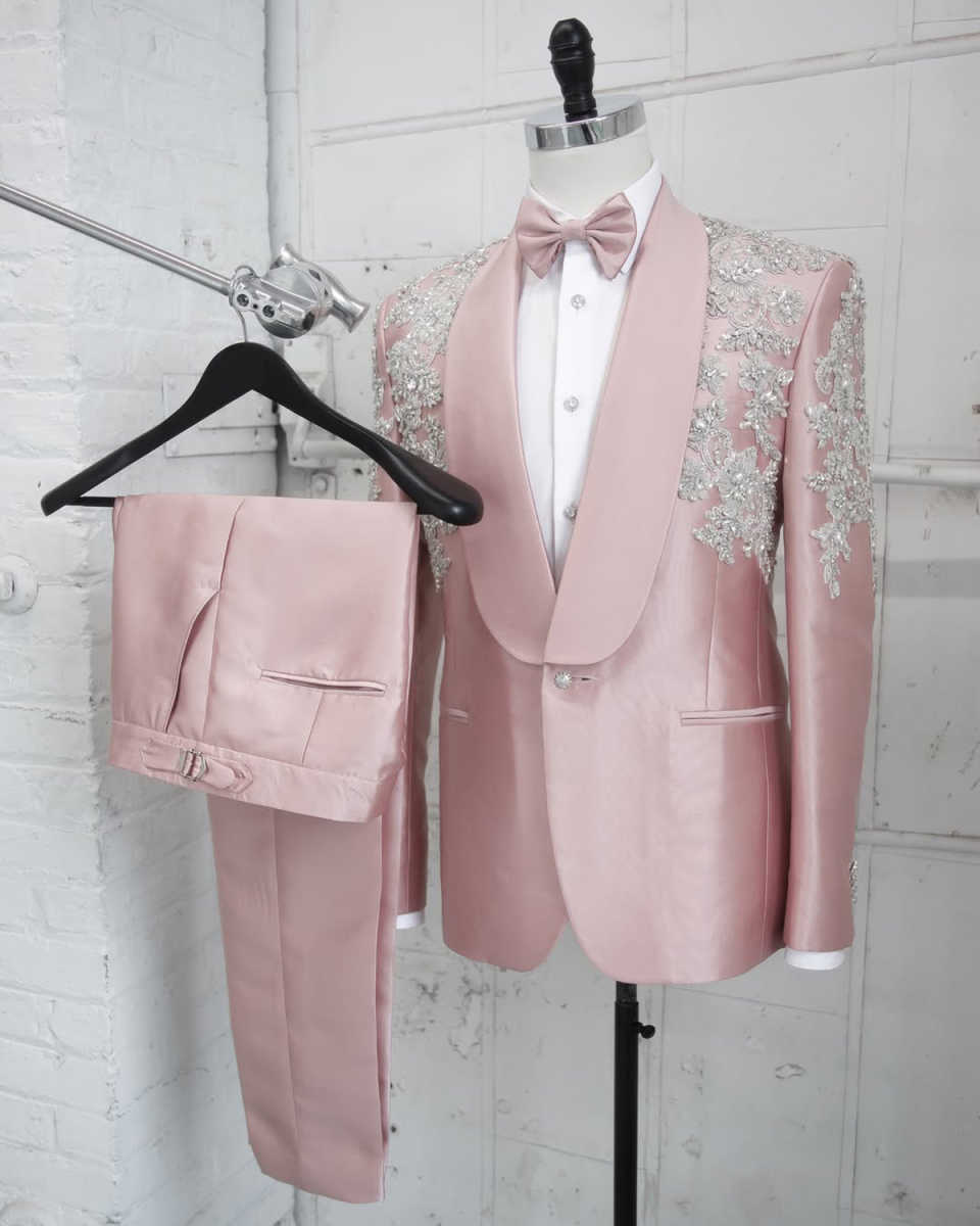 Noble Pink Men's Suits 2 Piece Set Jacket Pants Crystal Beaded Wedding Groom Tuxedo Party Evening Suits Customized