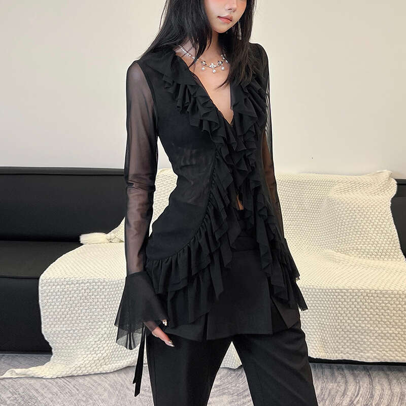 INS Style 2024 Autumn New Women's Solid Color Slim Street Fashion V-Neck Long Sleeve Sheer Top a1d