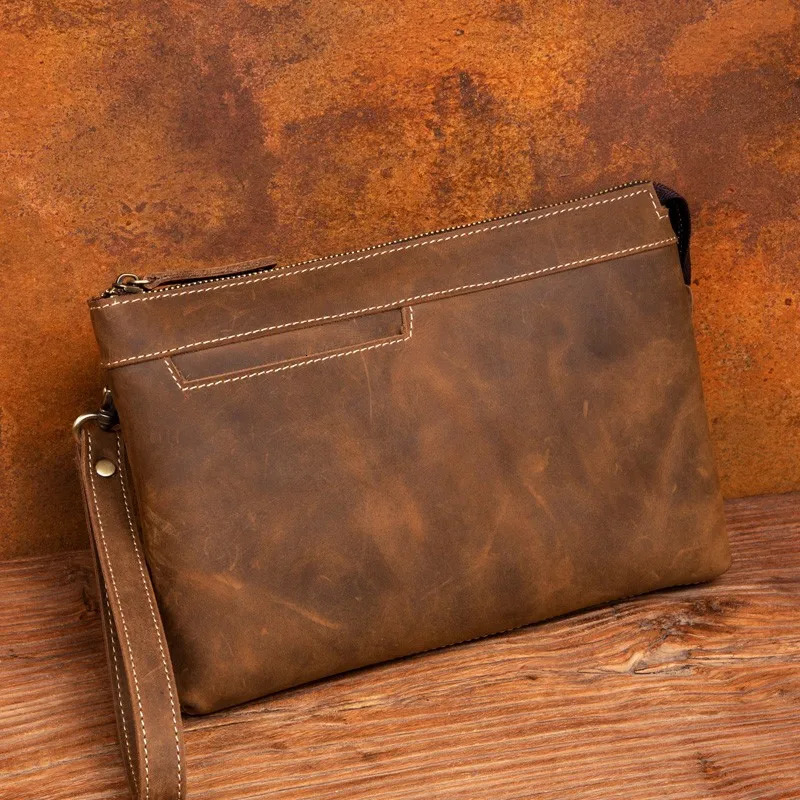 Crazy horse leather business clutch bag retro first layer cowhide mens casual handbag light coin purse. 250723