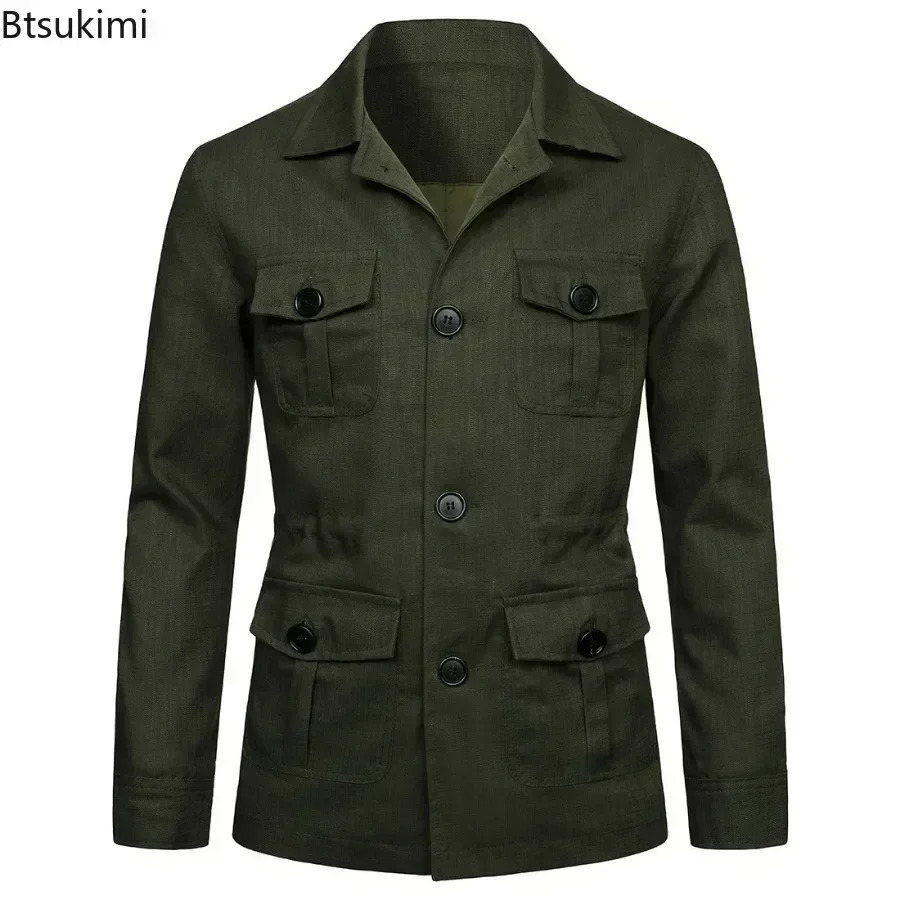 2025 British Style Mens Linen Safari Jackets Fashion Vintage Multi Pockets Cargo Jacket Streetwear Gentry Casual Outerwear Male 250717