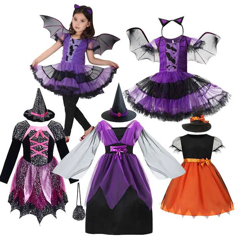 Girls Purple Witch Dress + Hat Kids Halloween Costume Children Birthday Par Dress Mesh Witch Fancy Dress Magic Witch Costume Z250725