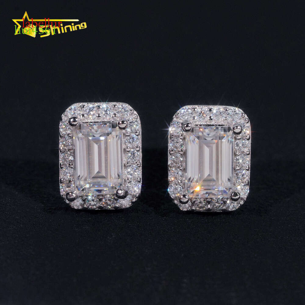 New Arrival Hip Hop Design Iced Out Emerald Cut Moissanite Stud Men Fine Sterling Sier Earrings Jewelry
