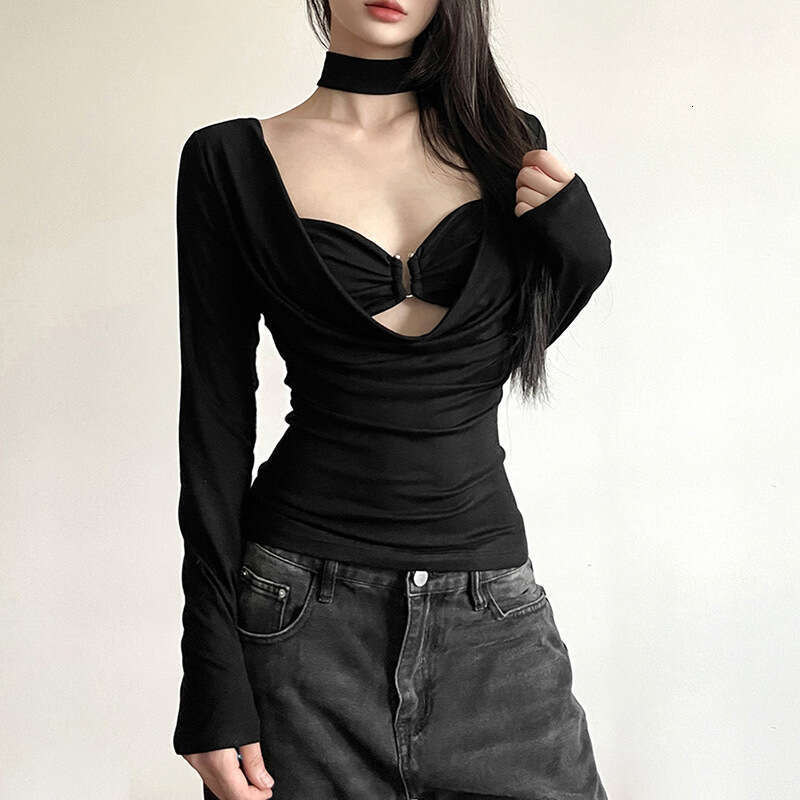 2023 Autumn New Women's Solid Color Sexy Long Sleeve Low-Cut Waist-Tie T-Shirt 751