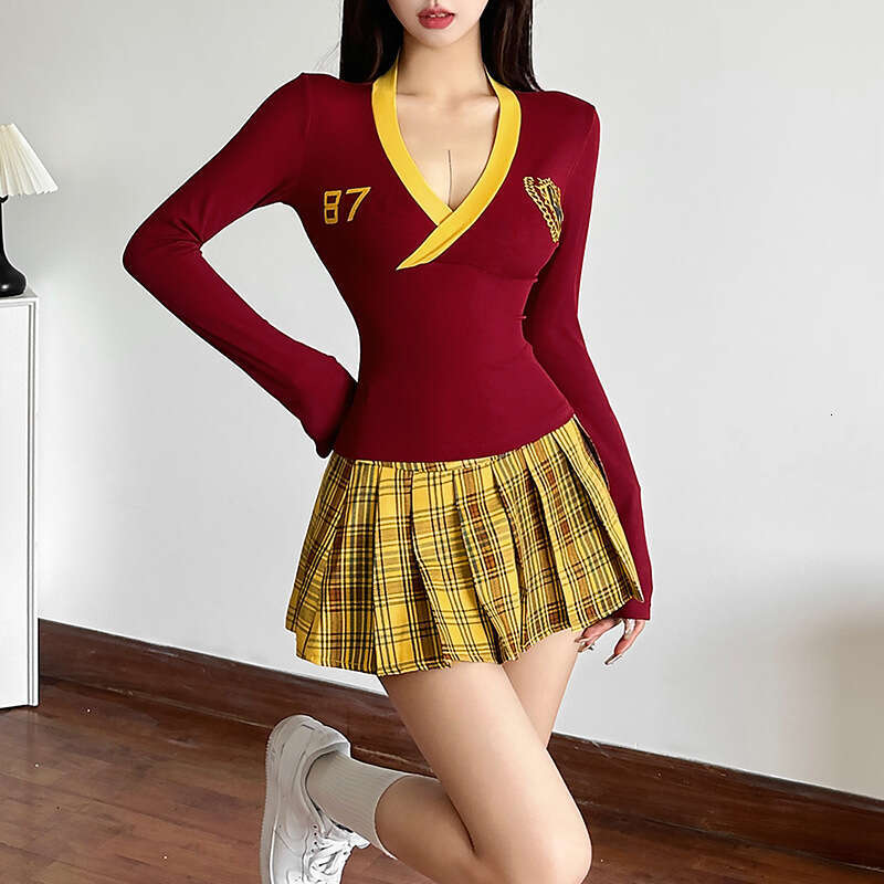 2024 Autumn New Women's Solid Color Slim V-Neck Long Sleeve Fashion High Waist Pleated Skirt Set d82