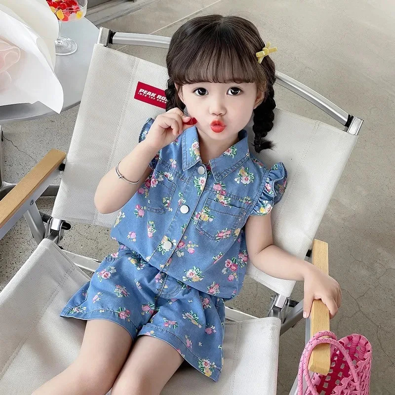 Baby Girl Clothes Korean Style Kids Daily Print Denim Suits Summer 2 Pieces Short SleeveShorts Tracksuits Children Sets 250725