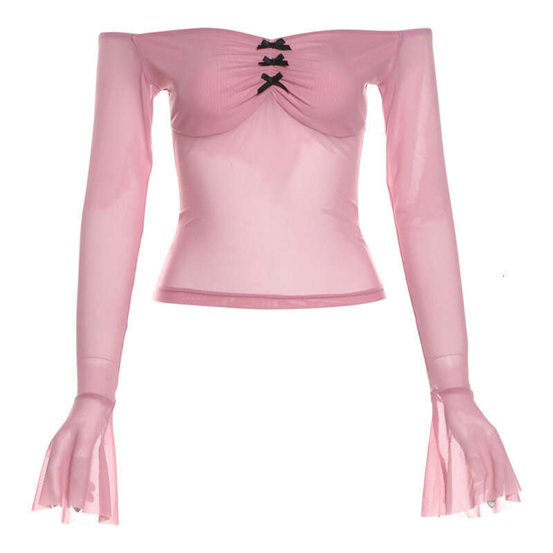 2024 Summer New Women's Solid Color Slim Fit Fashion Off-Shoulder Long Sleeve Mesh Backless Top 005