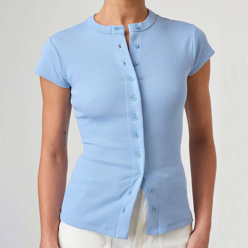 Y25tp017 Women's Spring And Summer New Solid Color Sexy Button Short Sleeve T-Shirt Top B5
