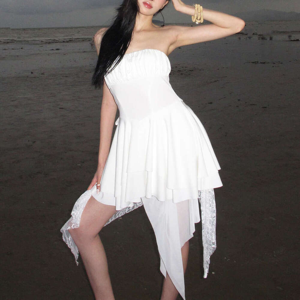 2025 Summer New Vacation Style Design Slim Fit Solid Color Irregular Strapless Dress c6c