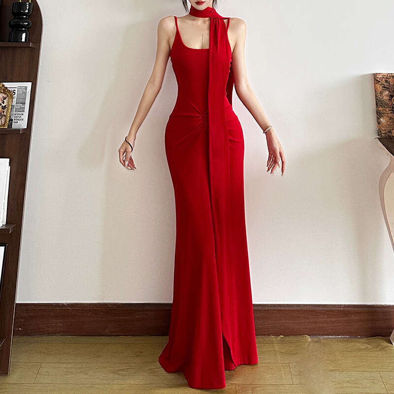 2025 Summer New Sexy Backless Elegant Waist-Cinching Slim Neck Strap Long Dress for Women 8a8