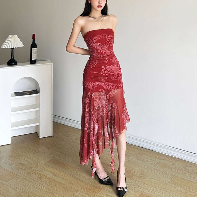 2024 Spring New Women's Solid Color Slim Fit Fashion Off-Shoulder Printed Dress ed1