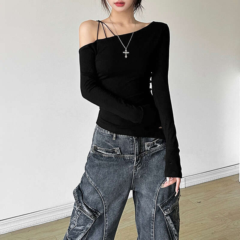 2024 Autumn New Women's Fashion Solid Color Slim Street Style Asymmetrical Neck Strap Long Sleeve Top 34a