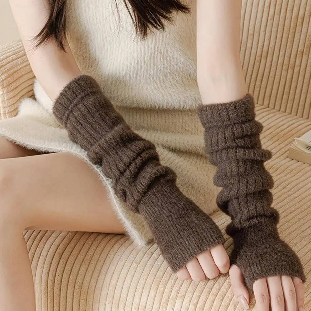Hot Sale Mink Fleece Fingerless Women's Soft Winter Warm Solid Color Plush Knitted Gloves Lolita Jk Arm Warmer Y2K ddmythur