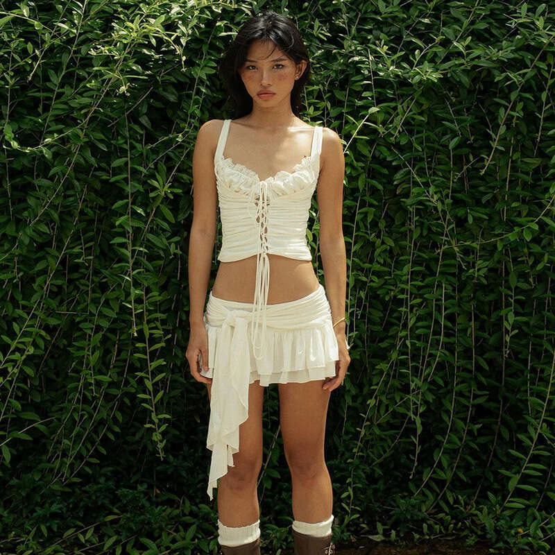 2025 Spring New Women's Solid Color Slim Fit Camisole Vest Fashion High Waist Skirt Set 34d