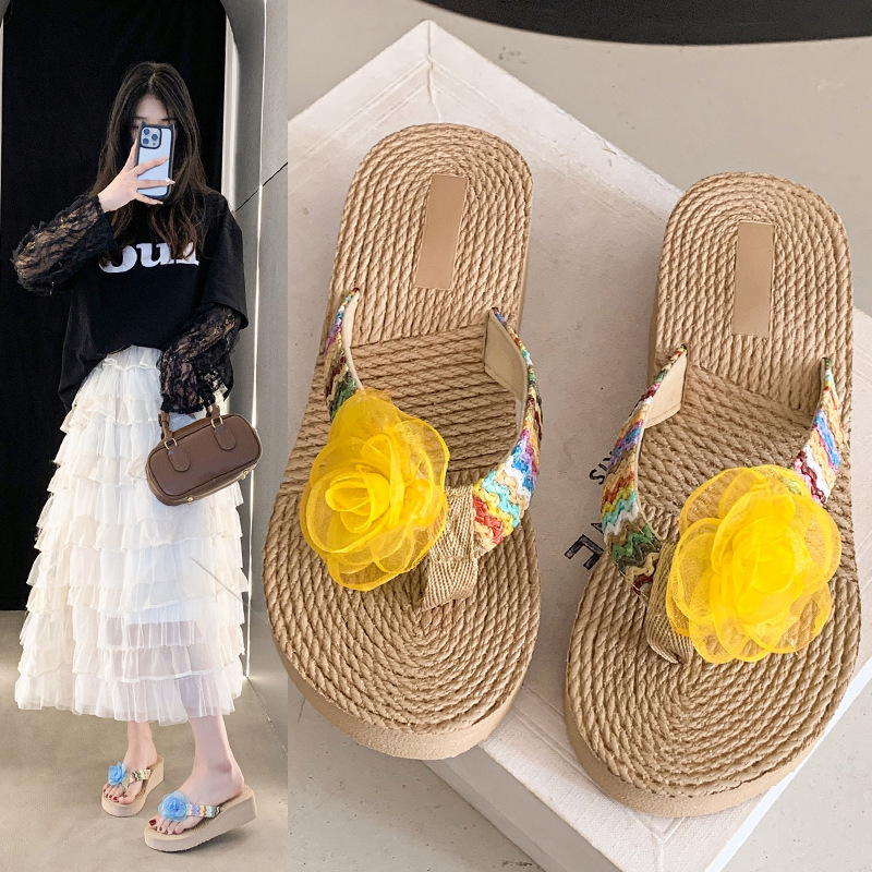 Ddmysports New Fairy Style Wedge Flip Flops For Women Summer Fashion Straw Woven Flower Thick Sole Casual Pastoral Vacation Beach Sandals Outdoor Shoe