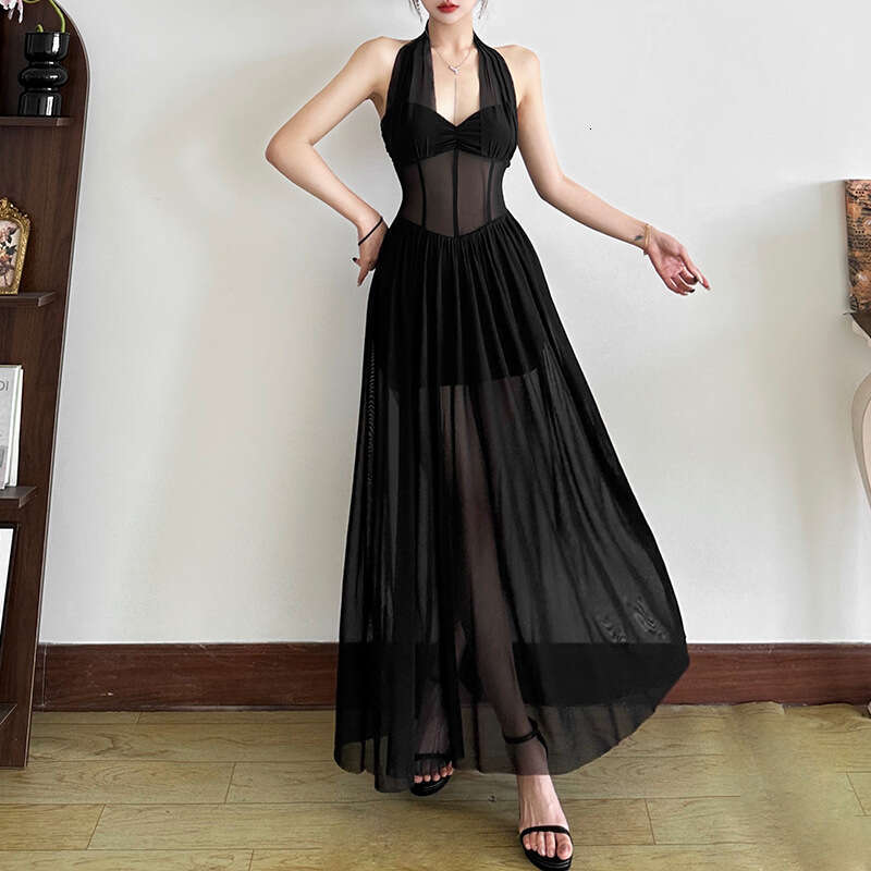 2025 Summer New Sexy Slim Halter Neck Sheer Mesh High Waist Slimming Pure Desire Dress for Women 689