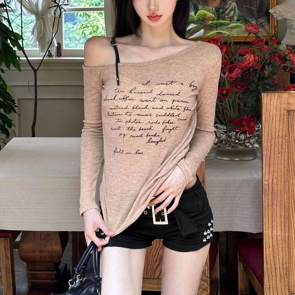 2024 Summer New Women's Fashion Solid Color Slim Street Style Asymmetrical Neck Off-Shoulder Long Sleeve Top 8f1