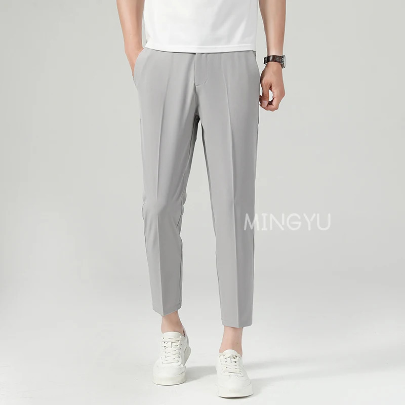 Summer Thin Suit Pants Men Business Elastic Waist Formal Korean Social Slim Work Office Ankle Length Long Trousers Male 250725