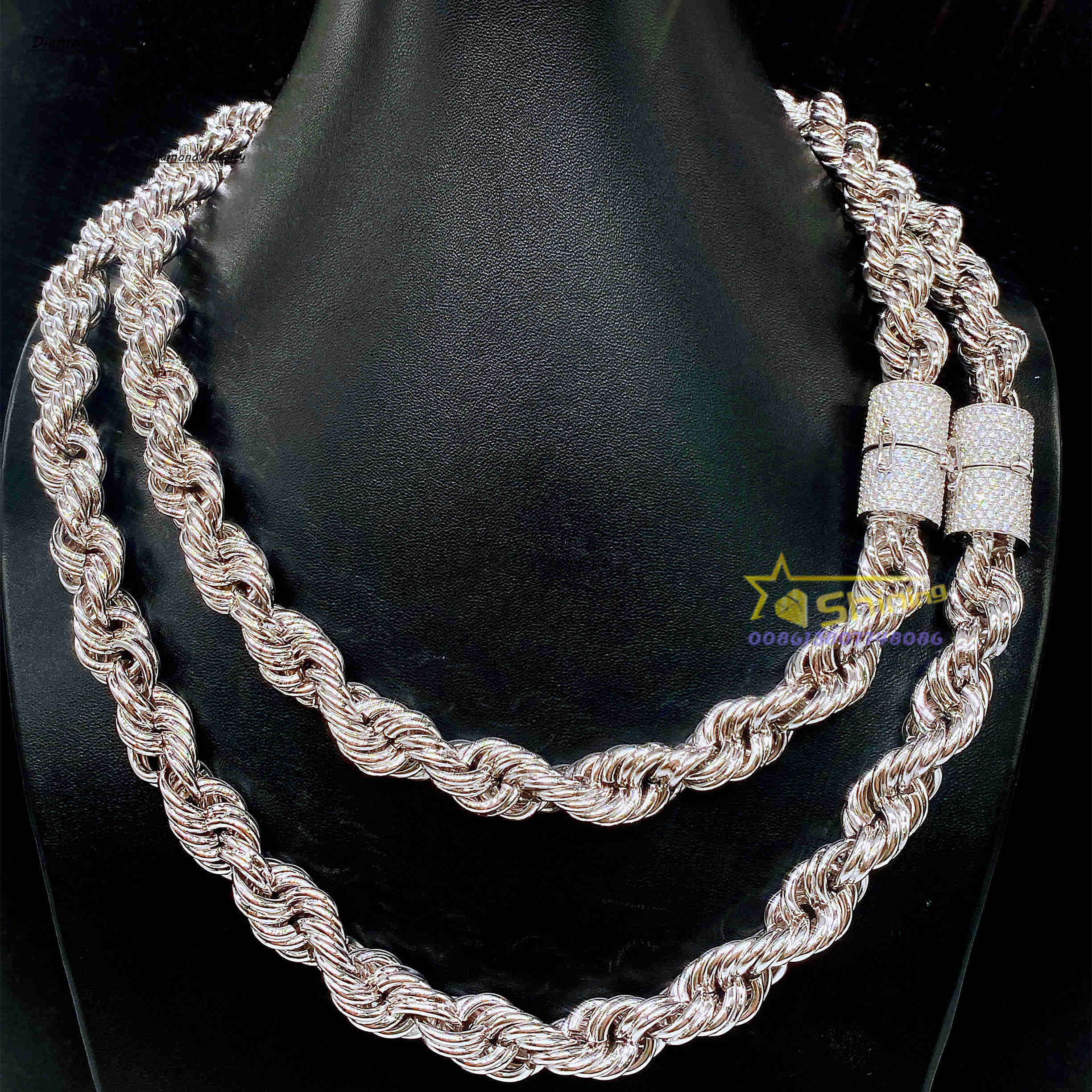 Rapper Jewelry 12mm Wide Bulk Size Necklace 925 Real Silver Iced Out Diamond Clasp Moissanite Rope Chain