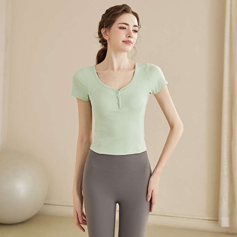 SXZY High-end V-neck Yoga Shirt with Chest Pads Women, Short Sleeve Sports Top, Slimming Pilates Training Fitness Wear for Summer