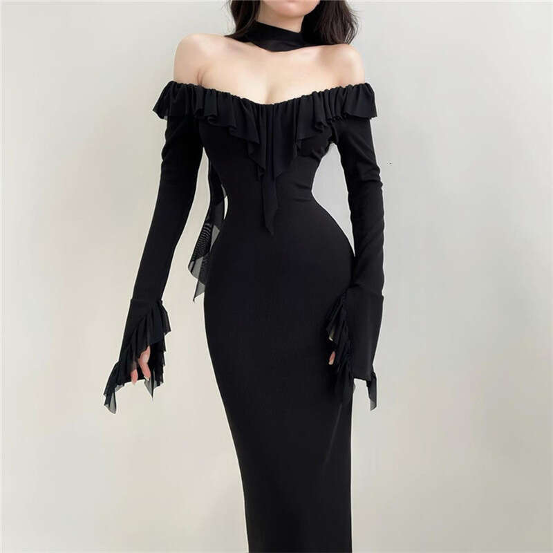 Women's Clothing 2023 Autumn Winter New Sexy Long Sleeve Off-Shoulder High Waist Bodycon Dress cfb