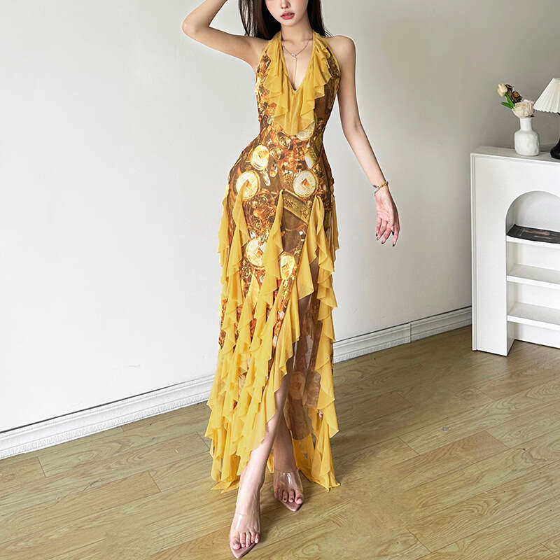 2024 Summer New Sexy Ruffle Vacation Style Halter Neck Strap Dress for Women d45