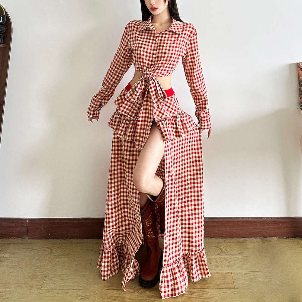 2025 Summer New Sleeve Waist-Exposing Fashion Trendy Top Irregular High-Slit Plaid Long Skirt abd