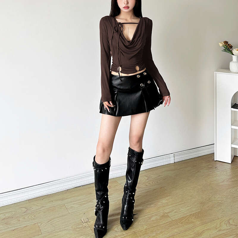 2024 Autumn New Women's Solid Color Slim V-neck Top Fashion High-waisted Pleated Skirt 4de